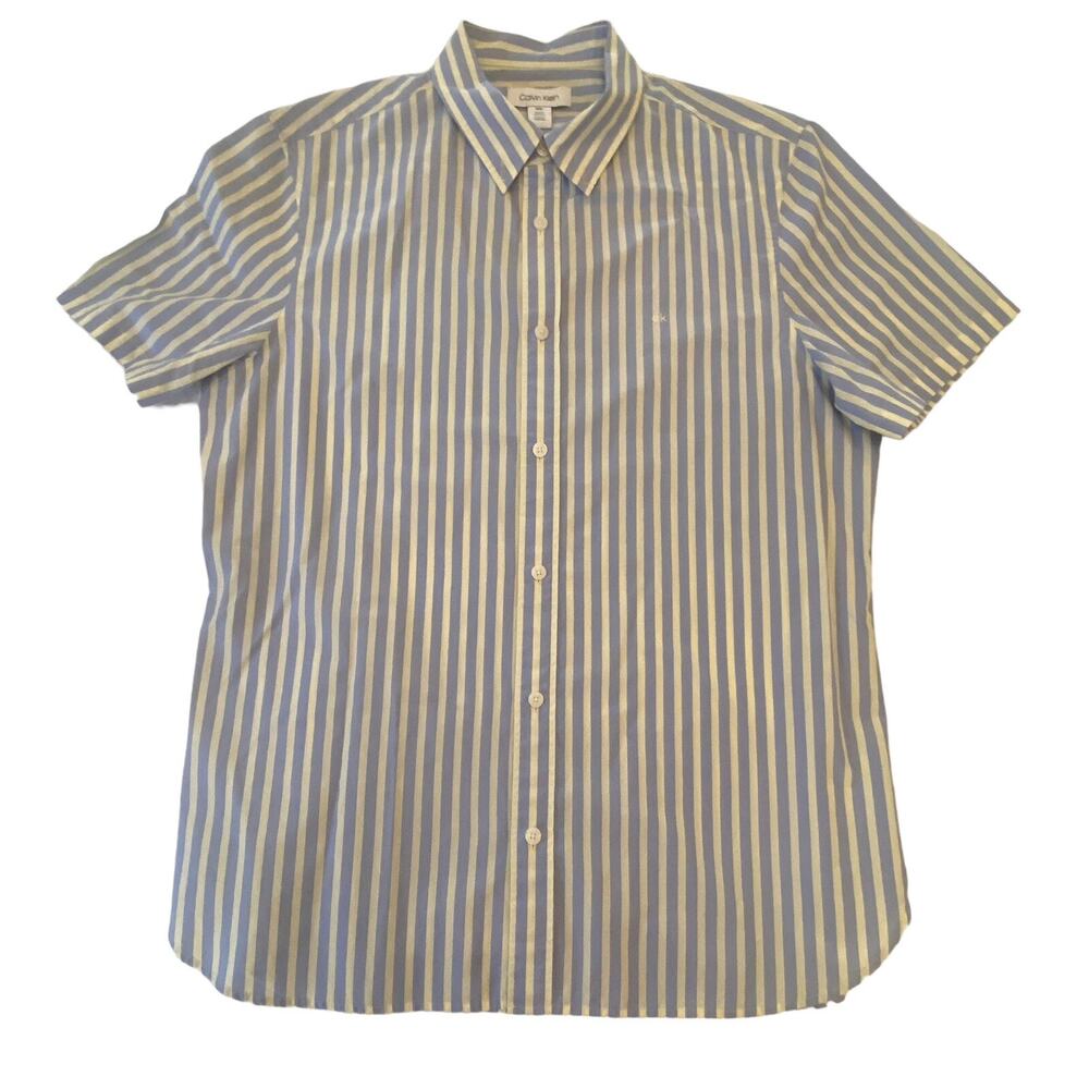 CK Calvin Klein Men’s Medium Shirt Blue Yellow Striped Short Sleeve Button Down